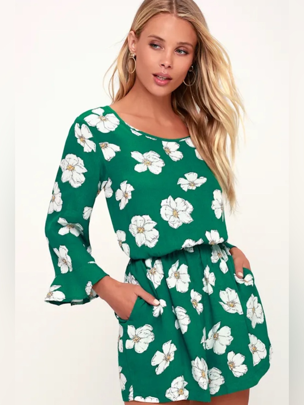 MINKPINK Greenhouse Green Floral Print Flounce Sleeve Romper S Revolve Lulus
